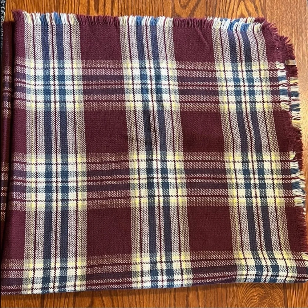 Roots | Size 45”x45” Burgundy, Blue, Yellow & White Plaid Scarf/Shawl - Picture 1 of 7